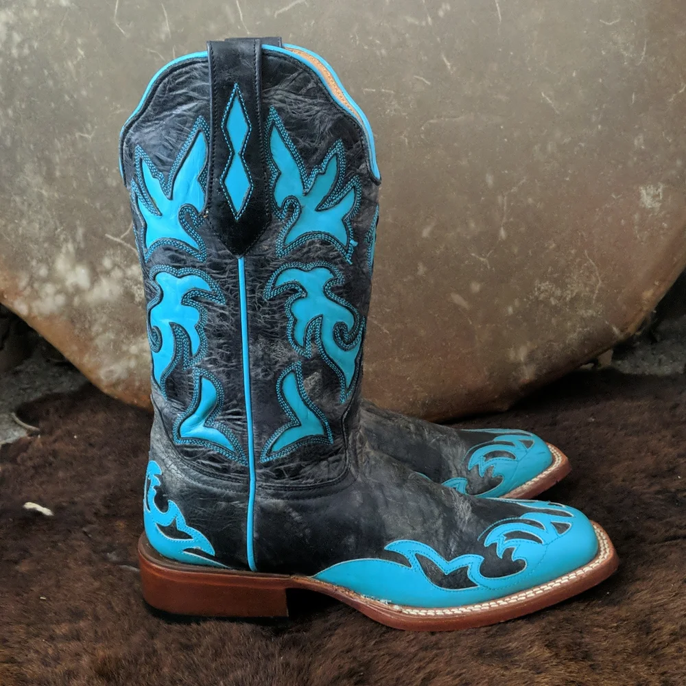 JOHNNY RINGO E1385 charcoal gray & turquoise wing tip boots square toe sz 6.5B - Picture 6 of 16
